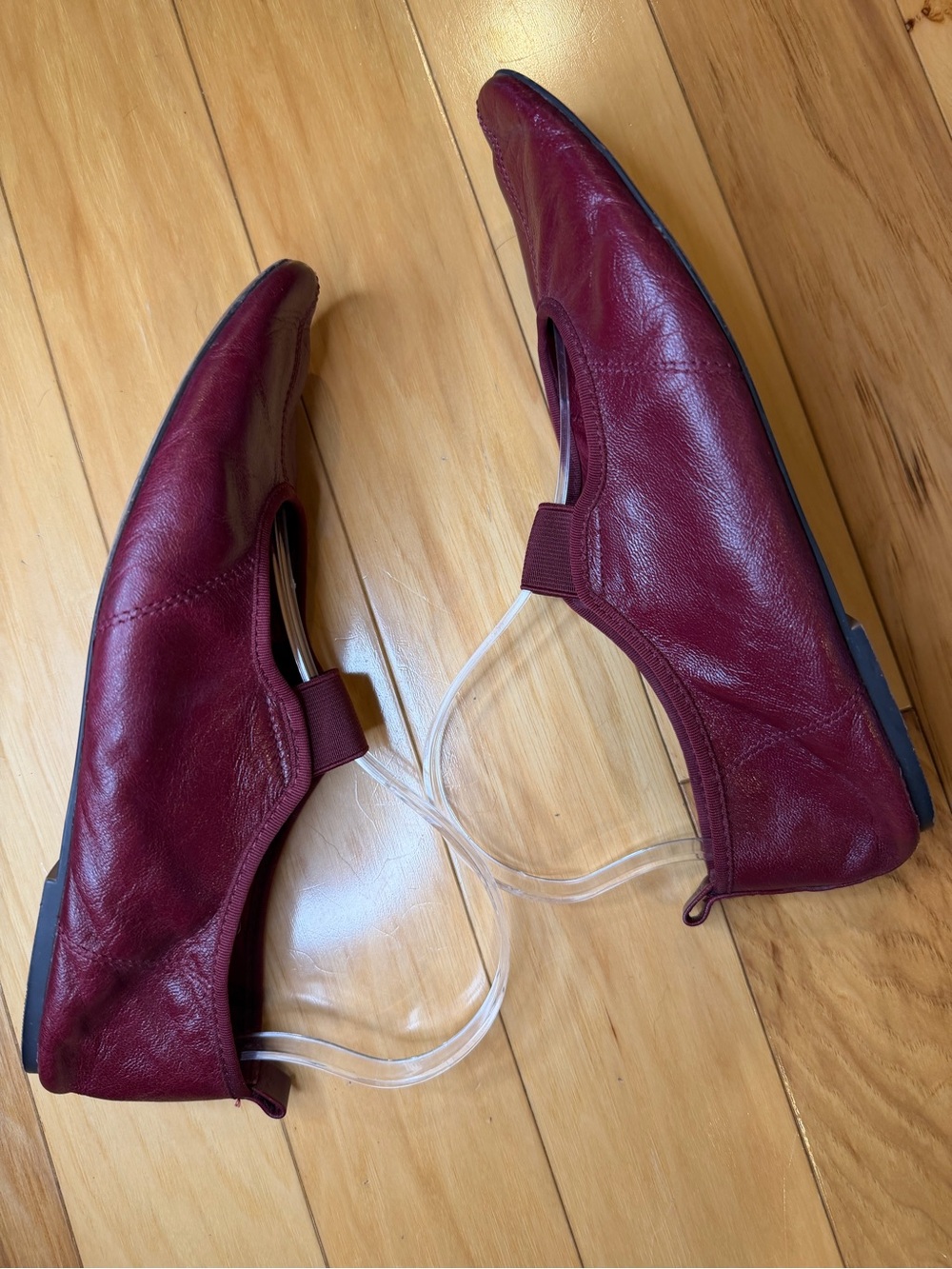 Zara Wine Red Leather Ballet Flats with Elastic Crossover Strap - Picture 7 of 11